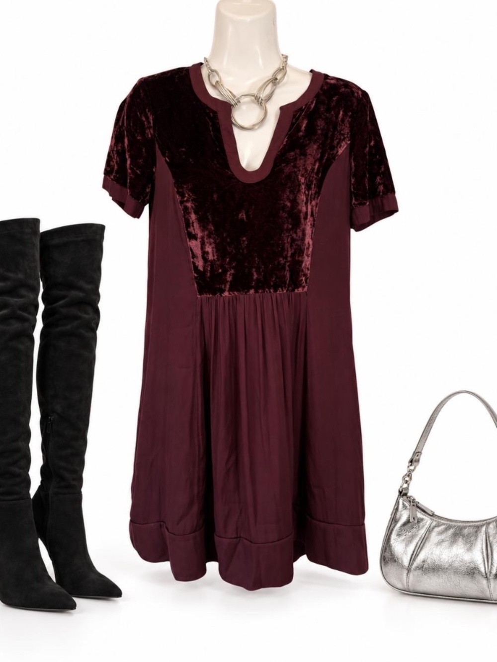 Maeve Anthropologie Burgundy Velvet Mixed Media Dress XS